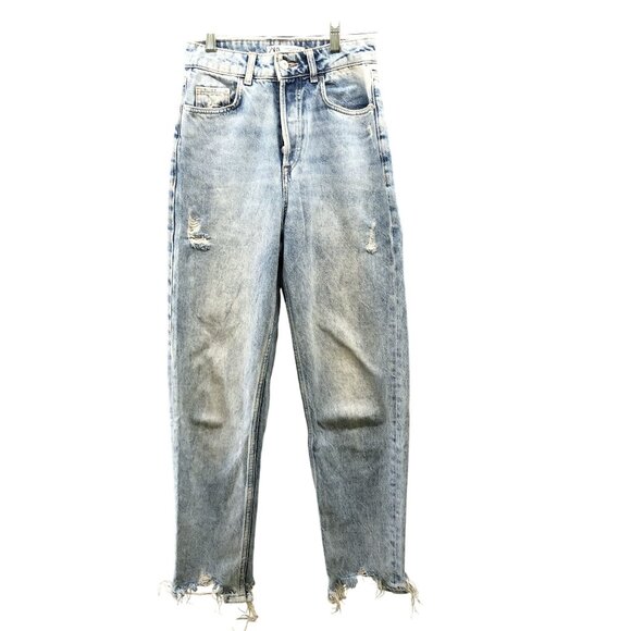 Zara Denim - Zara High Waisted Mom Jean Womens Size 2 Light Wash Blue Distressed Raw Hem‎